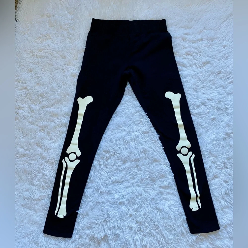 Skeleton Pants Leggings GLOW IN THE DARK Fleece warm Halloween sz small